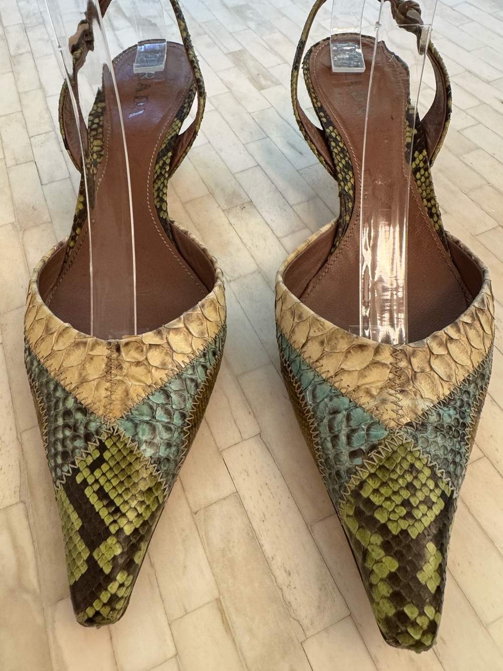 Prada 1P5478 Patch Summer Menta Python Snakeskin Slingback Heels 37 Y2K Shoes - Picture 2 of 10
